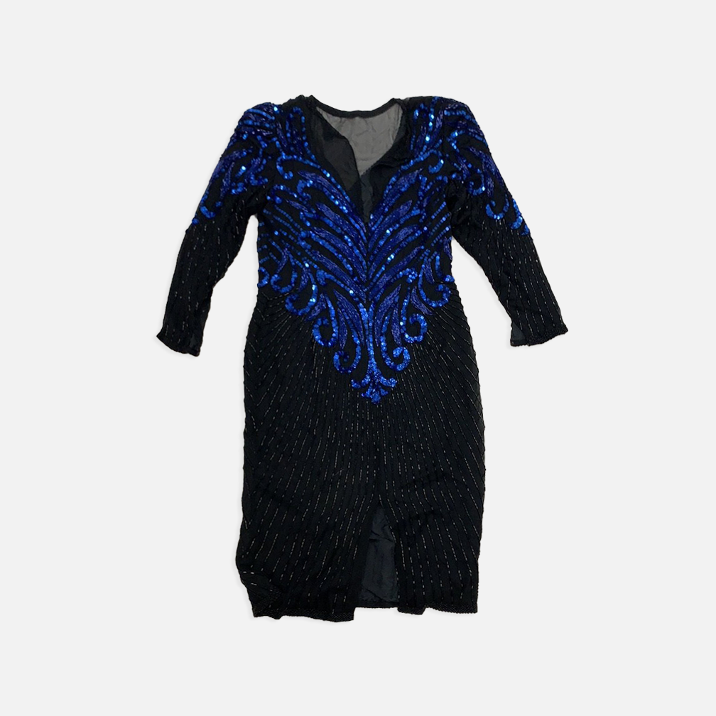 blue dress for baby girl Vintage A.J Bari silk black/blue sequins dress – The Era NYC