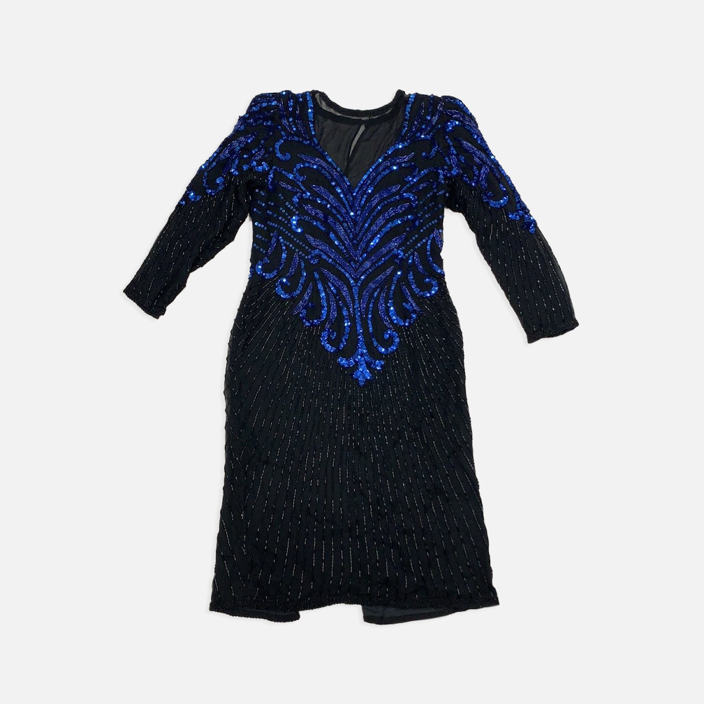 Vintage A.J Bari silk black/blue sequins dress