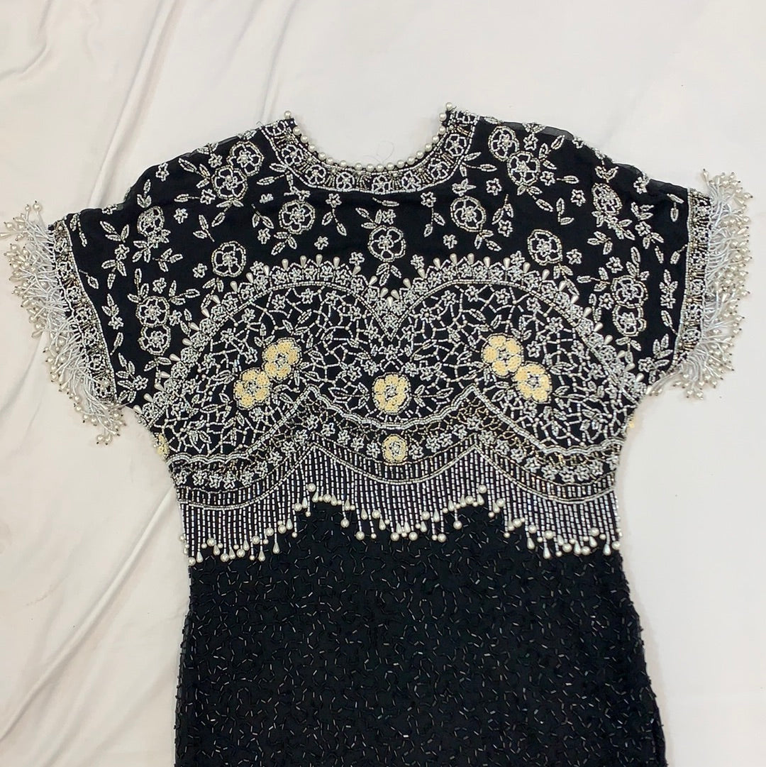 Vintage Black Tie Oleg Cassini Fully Beaded Silk Formal Top, deals Glass Beading Small