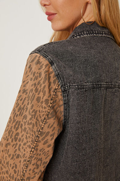 Leopard Raw Hem Pocketed Denim Jacket