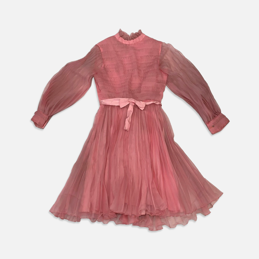 Vintage Pink Pleated Long Sleeve Dress