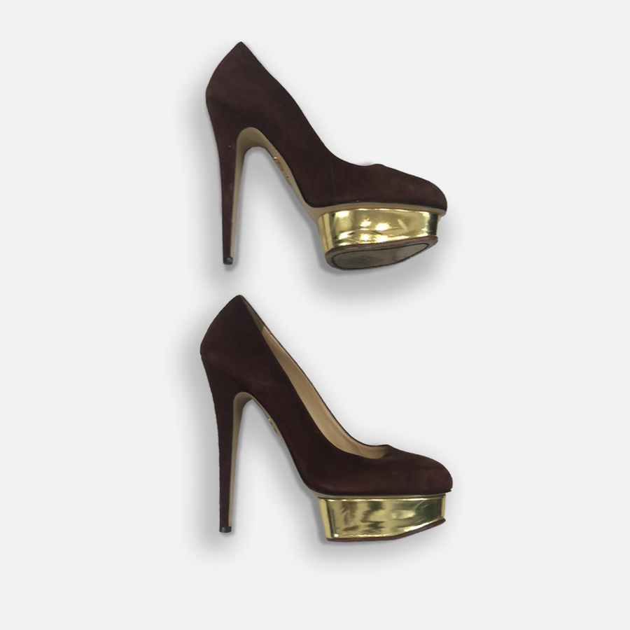 Charlotte Olympia Burgundy Heels with Gold Platform