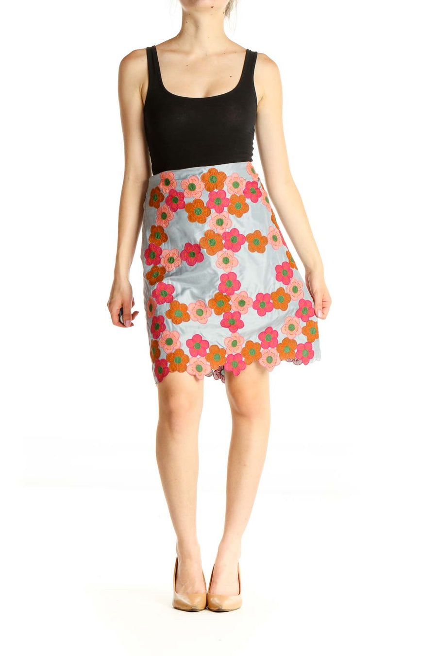 Blue Floral Print Holiday A-Line Skirt