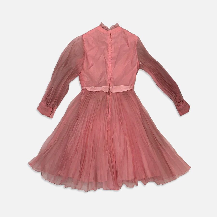 Vintage Pink Pleated Long Sleeve Dress