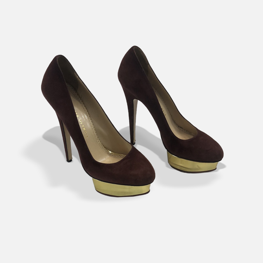 Charlotte Olympia Burgundy Heels with Gold Platform