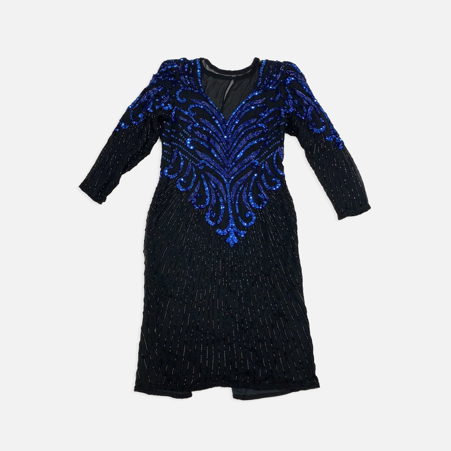 Vintage A.J Bari silk black/blue sequins dress