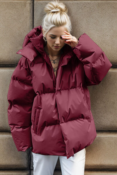 Pocketed Zip Up Hooded Puffer Jacket