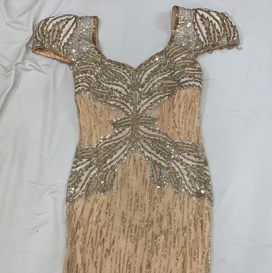 Vintage peach/silver beaded sequins dress