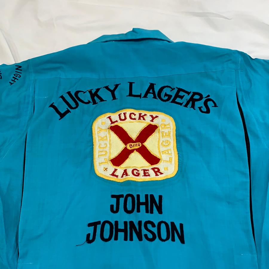 Vintage Lucky Lagers beer bowling shirt